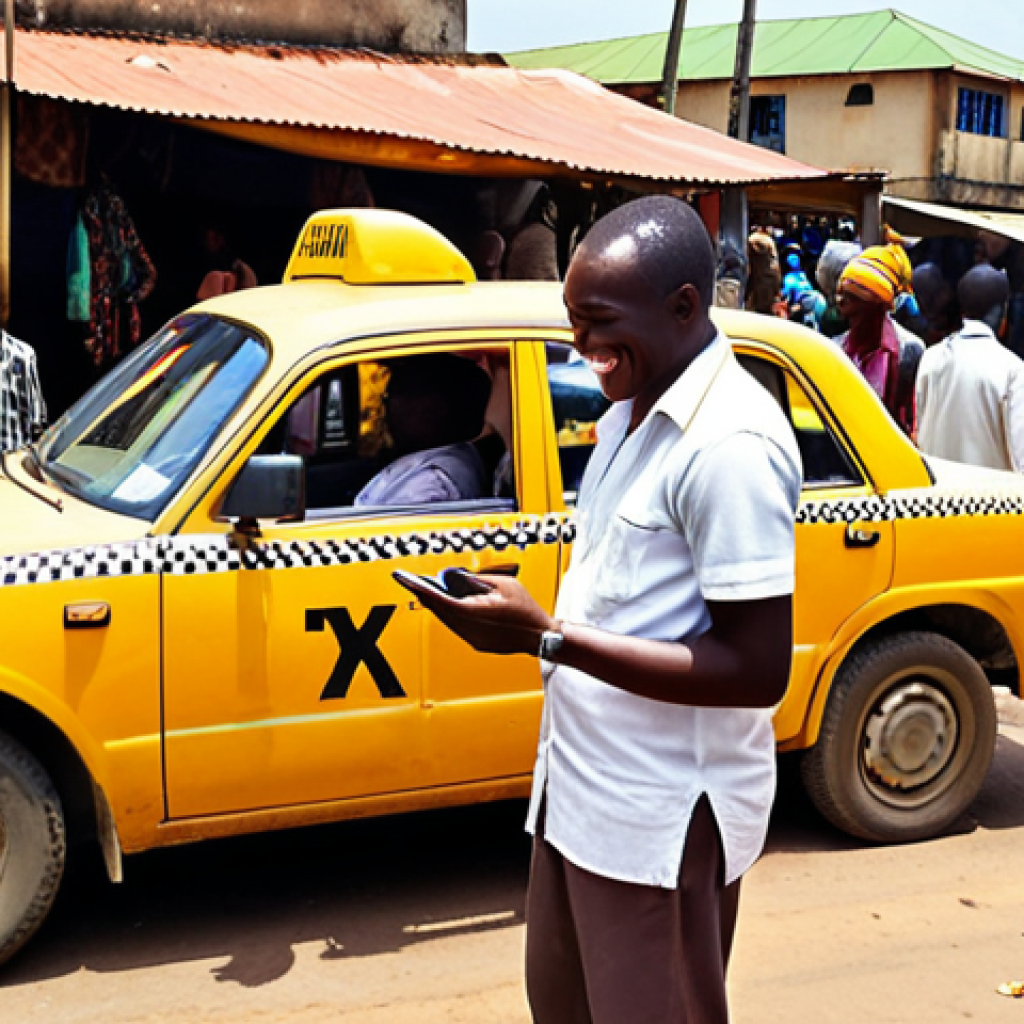**

Prompt: A bustling Abidjan street market scene. A taxi driver smiles as a customer pays him using a mobile phone. Other vendors in the background also accepting mobile payments. Sunlight, vibrant colors, sense of modern convenience blending with traditional market life.

**