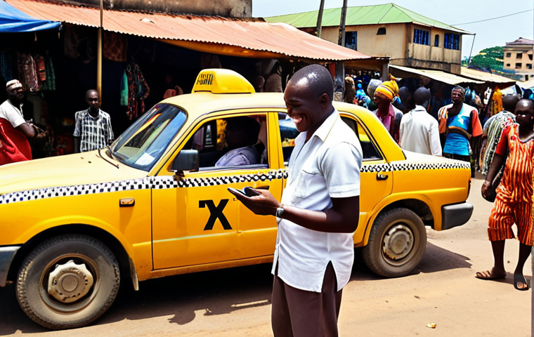 **
Prompt: A bustling Abidjan street market scene. A taxi driver smiles as a customer pays him using a mobile phone. Other vendors in the background also accepting mobile payments. Sunlight, vibrant colors, sense of modern convenience blending with traditional market life.
**
