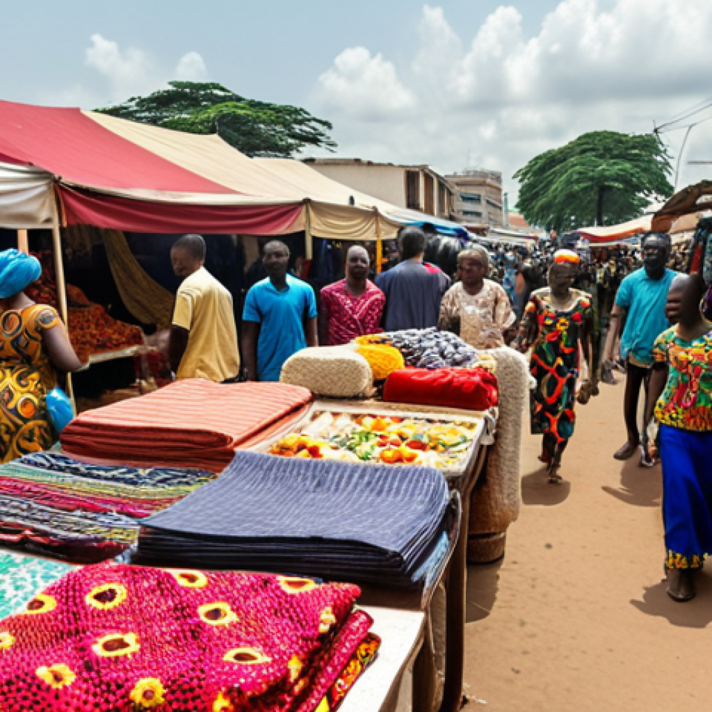 **A vibrant marketplace scene in Abidjan, Ivory Coast, bustling with people. Stalls overflow with colorful fabrics and produce. In the background, a modern building represents digital learning, blending traditional life with future opportunities. Focus on warm lighting and the energy of the market.**