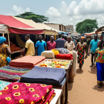 **A vibrant marketplace scene in Abidjan, Ivory Coast, bustling with people. Stalls overflow with colorful fabrics and produce. In the background, a modern building represents digital learning, blending traditional life with future opportunities. Focus on warm lighting and the energy of the market.**